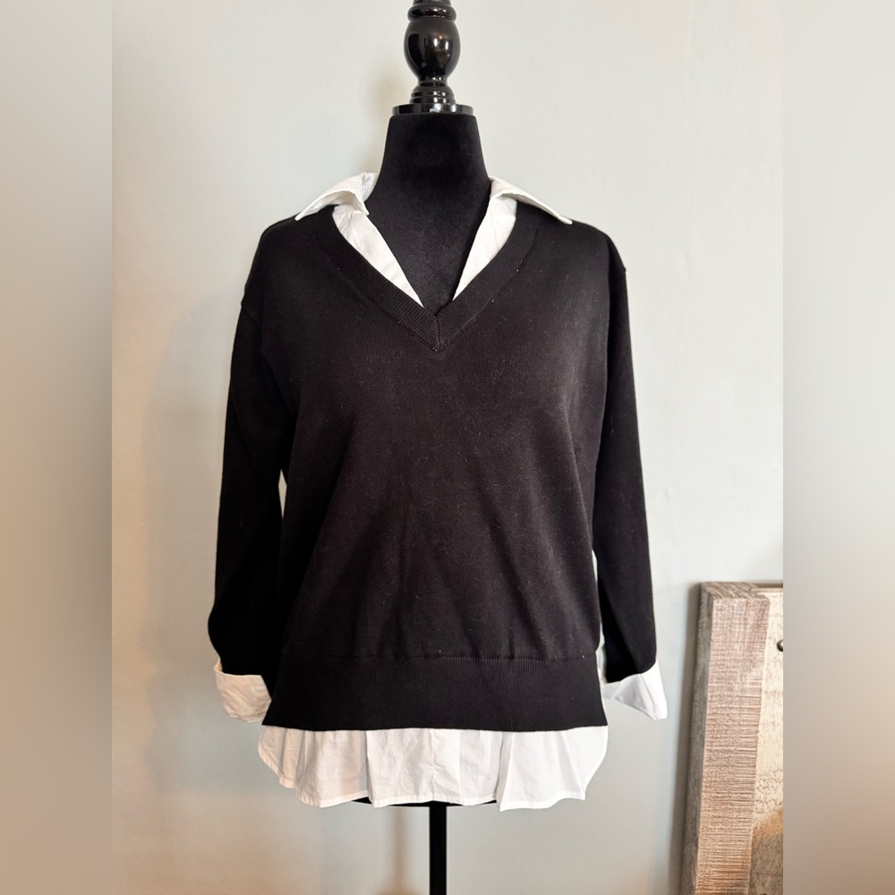Skies Are Blue - Black V-Neck Sweater with Faux Shirt Detail - Size Medium